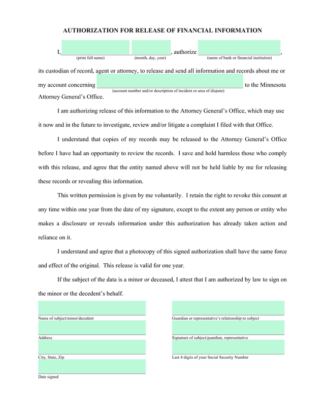 Authorization For Release Of Financial Information screenshot