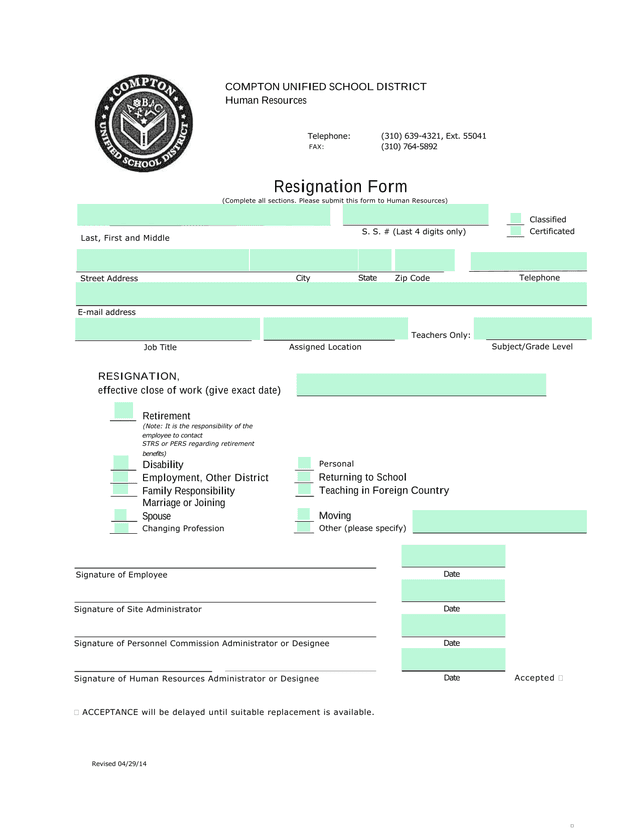 Resignation Form screenshot