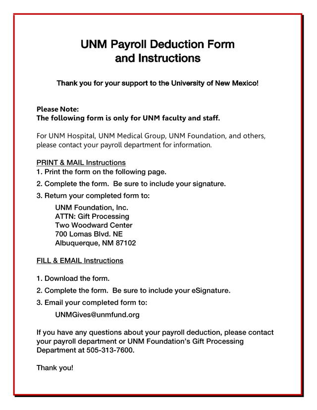 UNM Payroll Deduction Form And Instructions screenshot