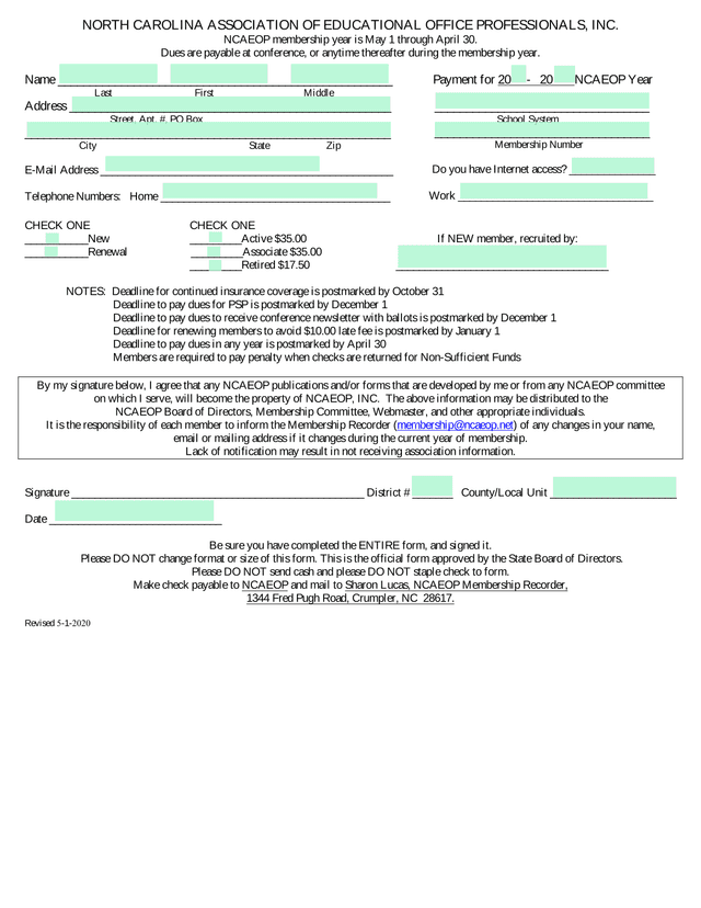 NCAEOP Membership Application Form screenshot