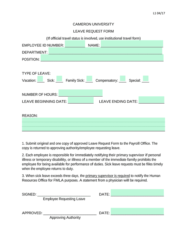 CAMERON UNIVERSITY LEAVE REQUEST FORM screenshot