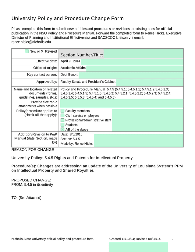 University Policy And Procedure Change Form screenshot