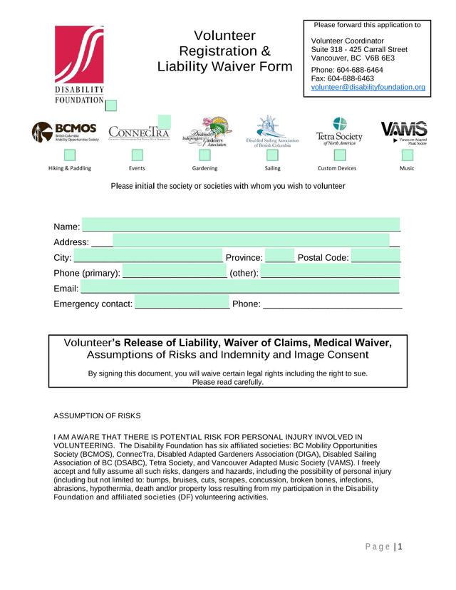 Volunteer Registration  Liability Waiver Form screenshot