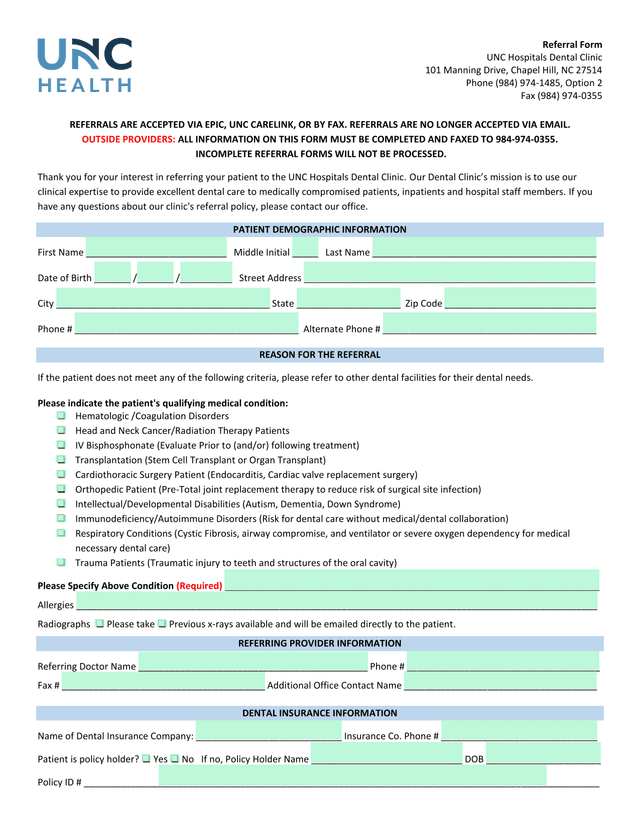 Referral Form   UNC Hospitals Dental Clinic screenshot