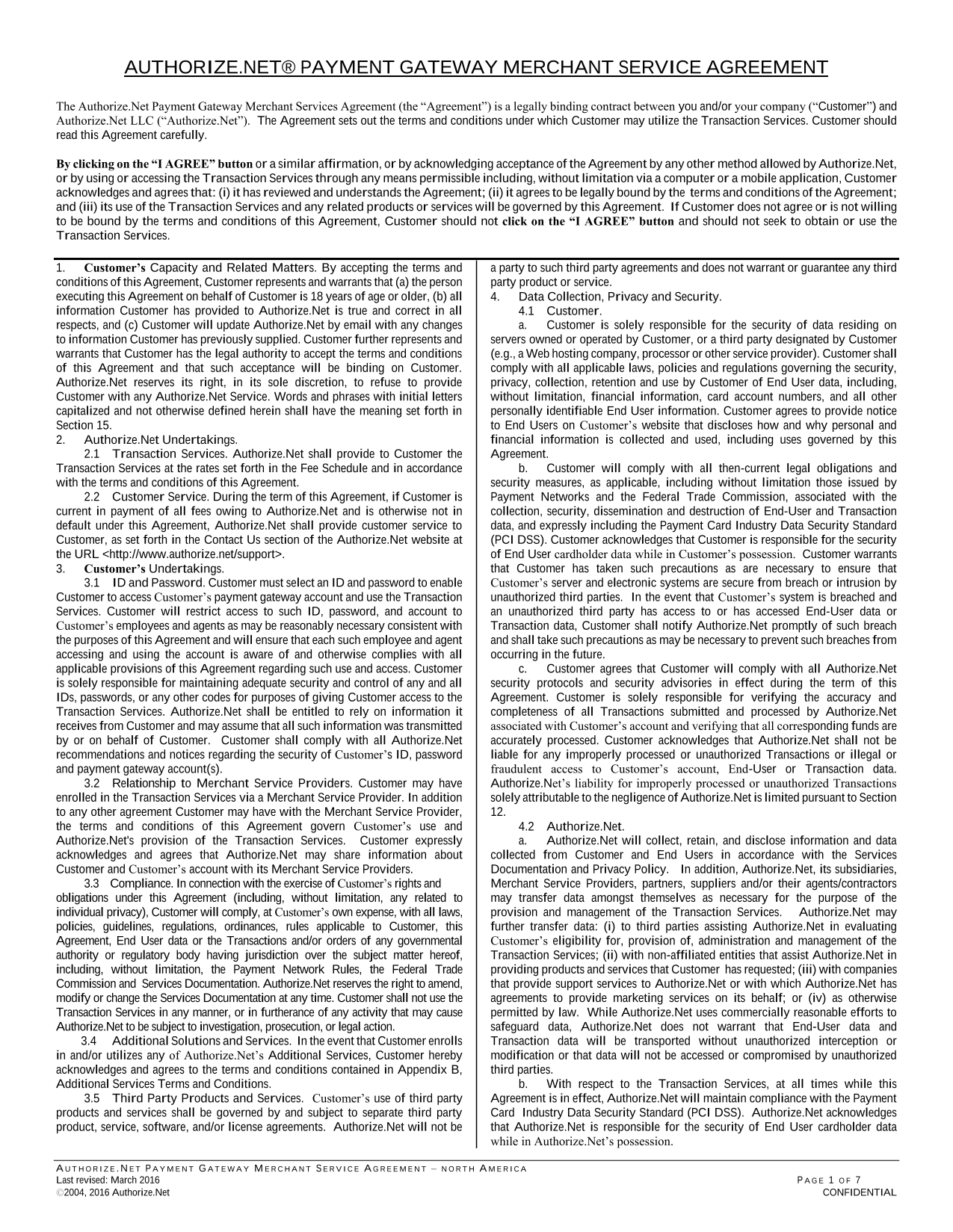 Authorize.Net Payment Gateway Merchant Service Agreement screenshot