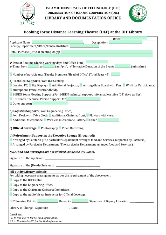 Booking Form Distance Learning Theatre (DLT) At The IUT Library screenshot