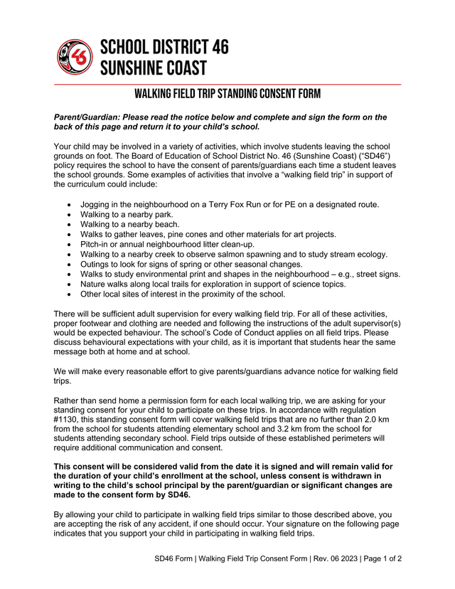 Walking Field Trip Standing Consent Form screenshot