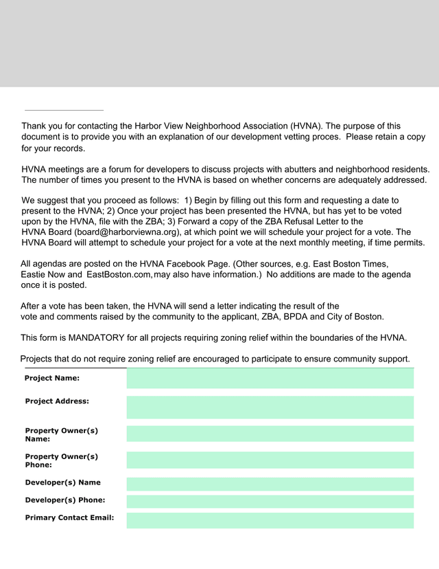 Harbor View Neighborhood Association Project Information Form screenshot