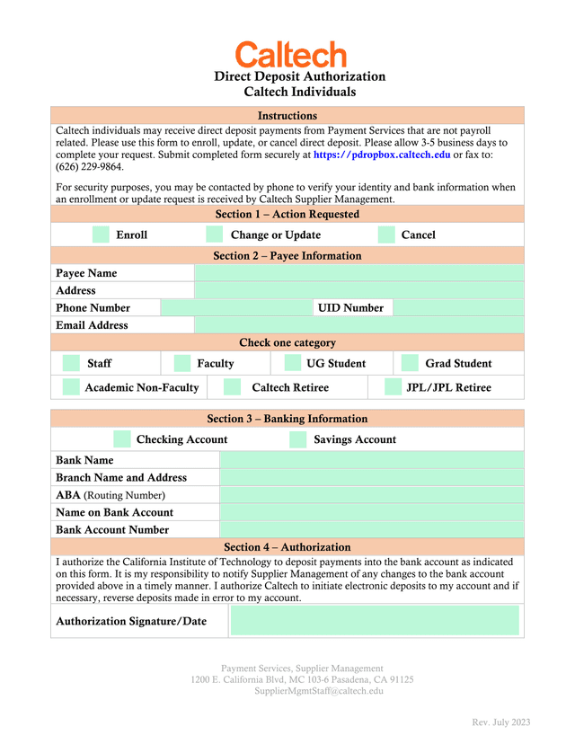 Caltech Direct Deposit Authorization screenshot