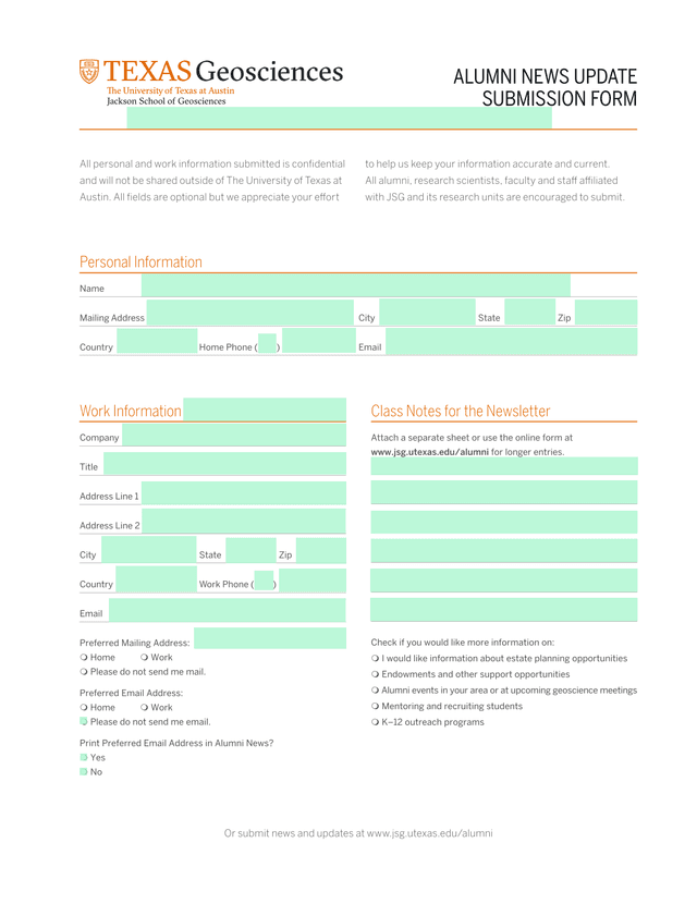 Alumni News Update Submission Form screenshot