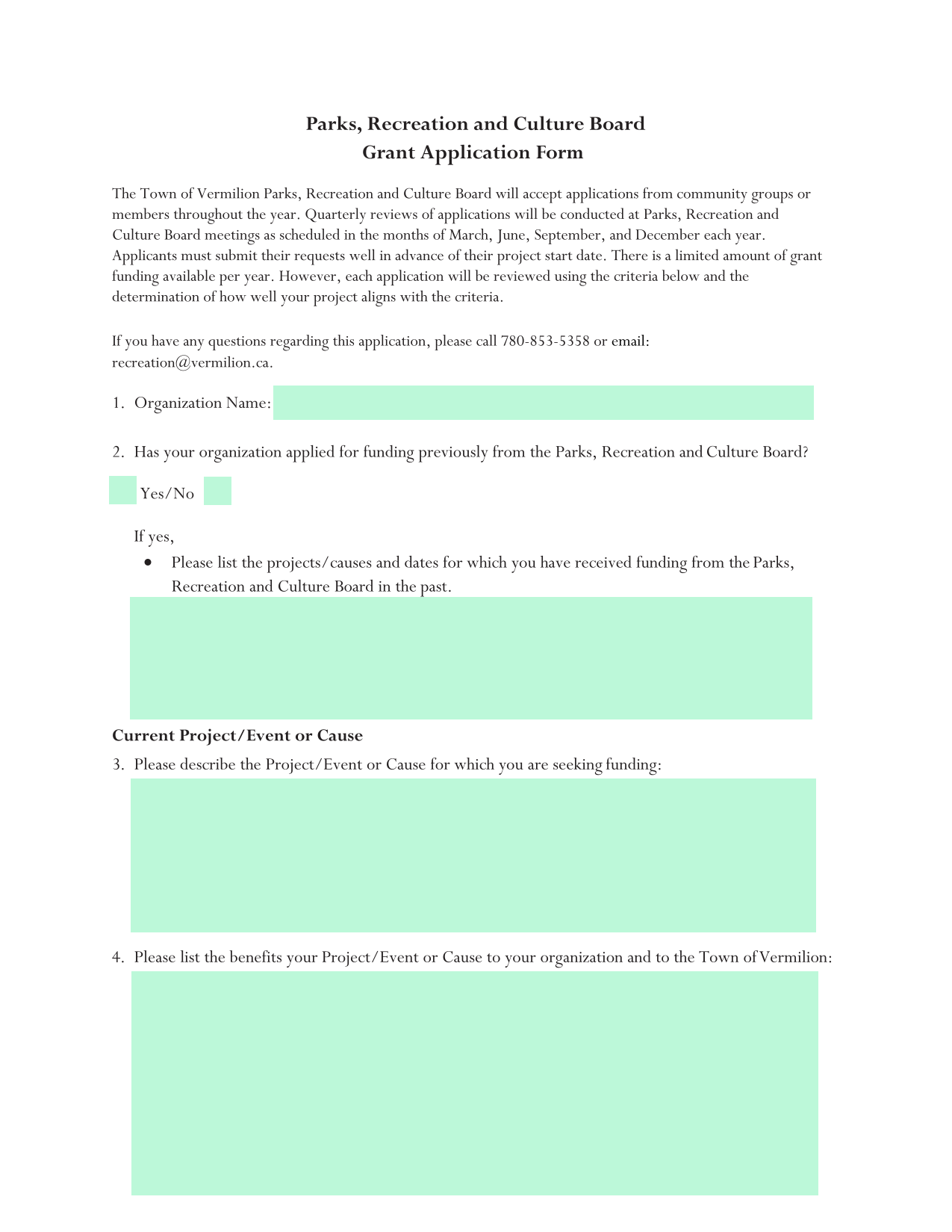 Parks, Recreation And Culture Board Grant Application Form screenshot