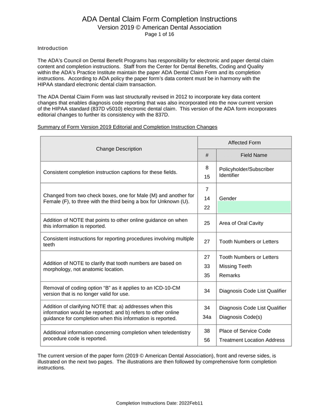 ADA Dental Claim Form Completion Instructions screenshot