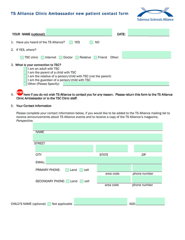 TS Alliance Clinic Ambassador New Patient Contact Form screenshot