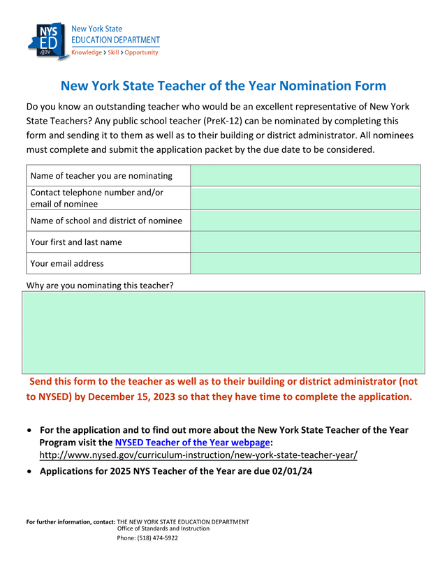 New York State Teacher Of The Year Nomination Form screenshot