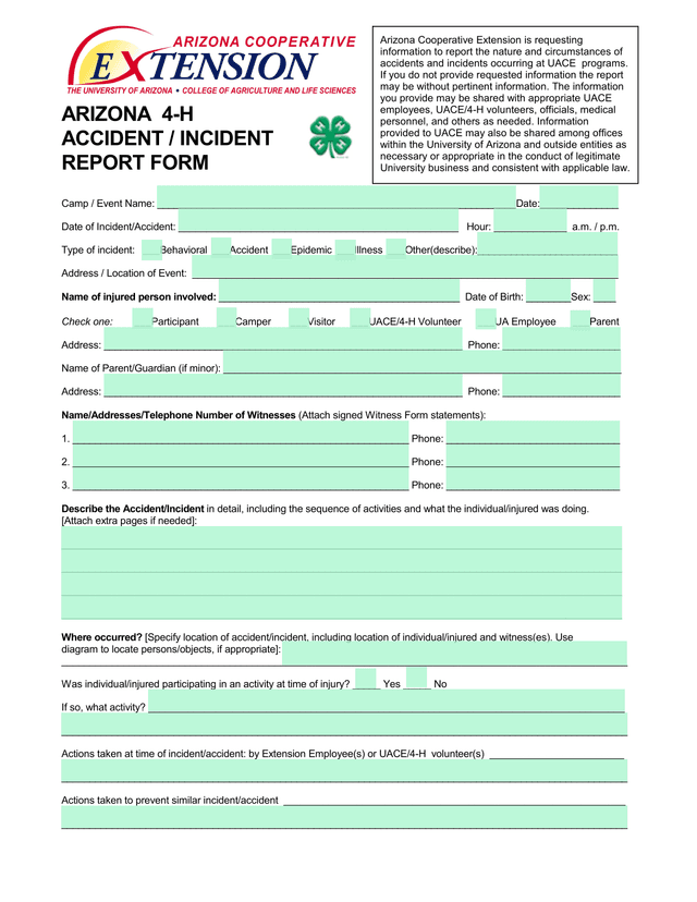 Arizona 4 H Accident  Incident Report Form screenshot