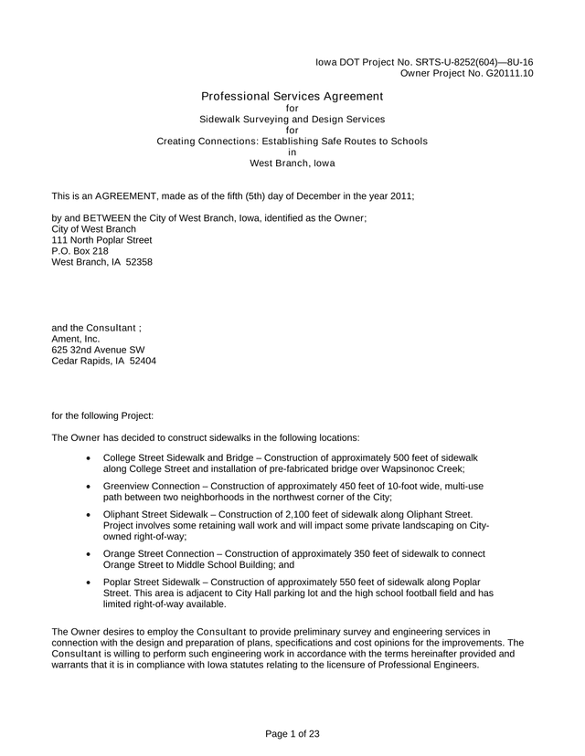 Professional Services Agreement For Sidewalk Surveying And Design Services screenshot