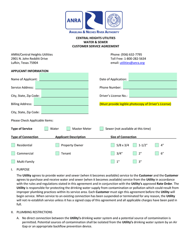 CENTRAL HEIGHTS UTILITIES WATER  SEWER CUSTOMER SERVICE AGREEMENT screenshot