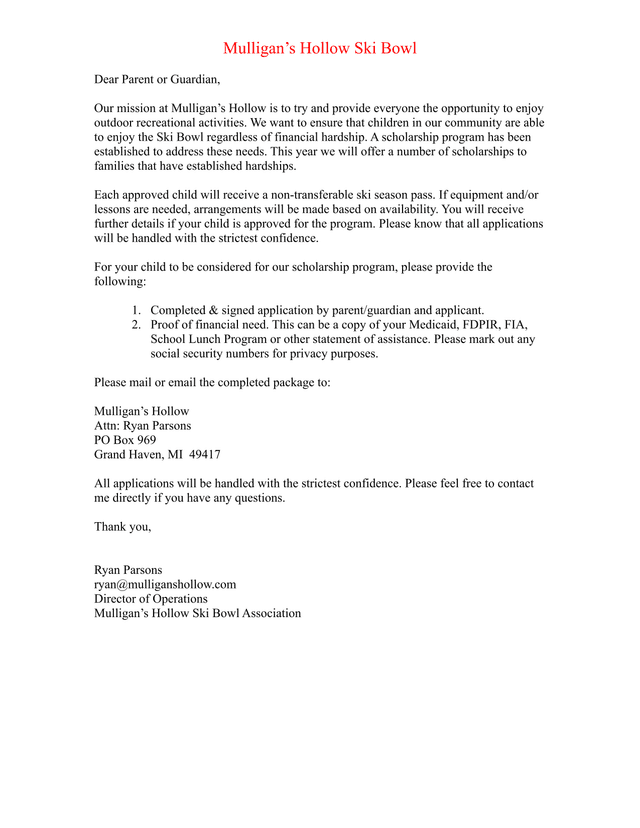 MulliganS Hollow Ski Bowl 2022 2023 Scholarship Application screenshot