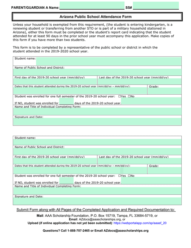 Arizona Public School Attendance Form screenshot