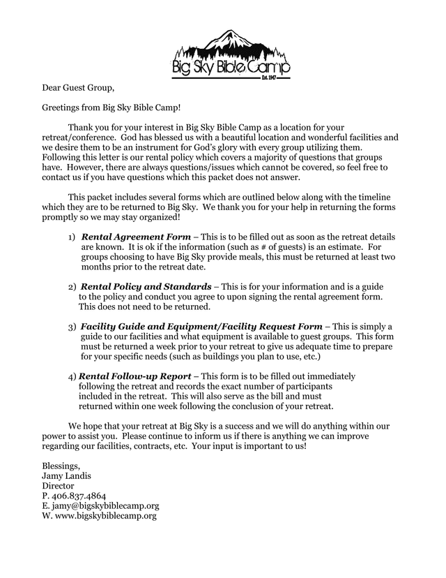 Big Sky Bible Camp Rental Packet screenshot
