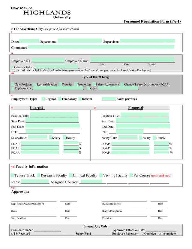 Personnel Requisition Form (PA 1) screenshot