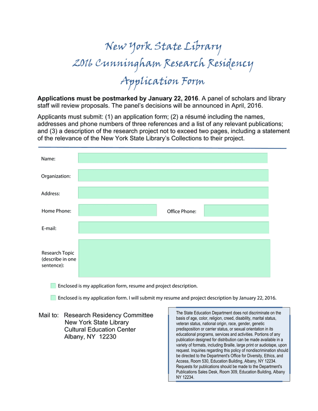 2016 Cunningham Research Residency Application screenshot