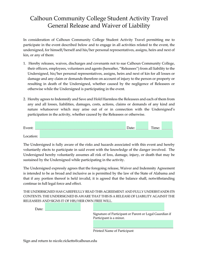 Student Activity Travel General Release And Waiver Of Liability screenshot