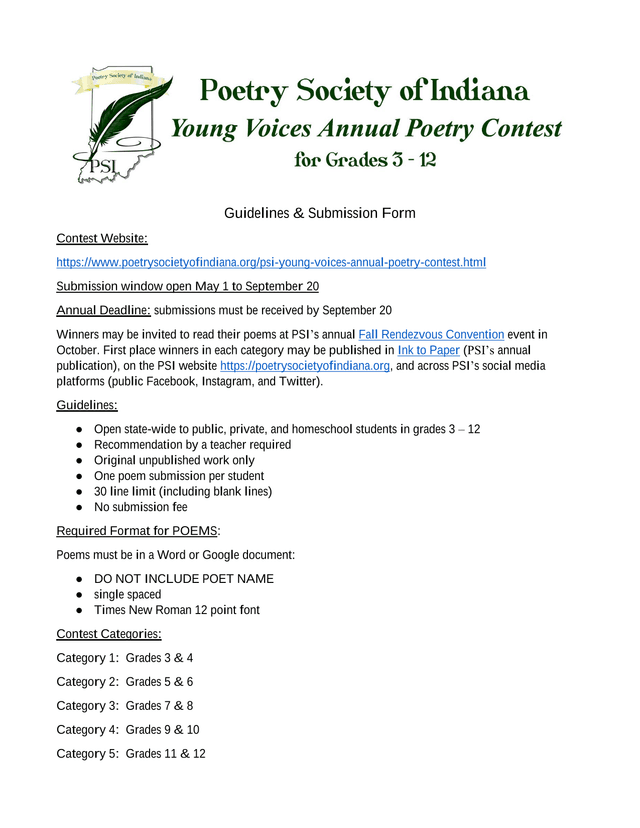 PSI Young Voices Annual Poetry Contest Guidelines  Submission Form screenshot