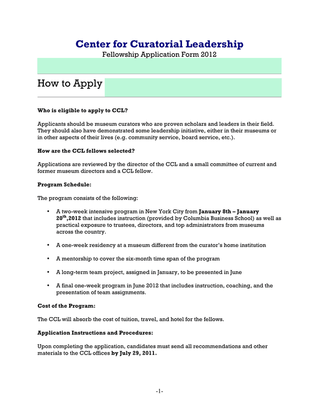 Center For Curatorial Leadership Fellowship Application Form 2012 screenshot