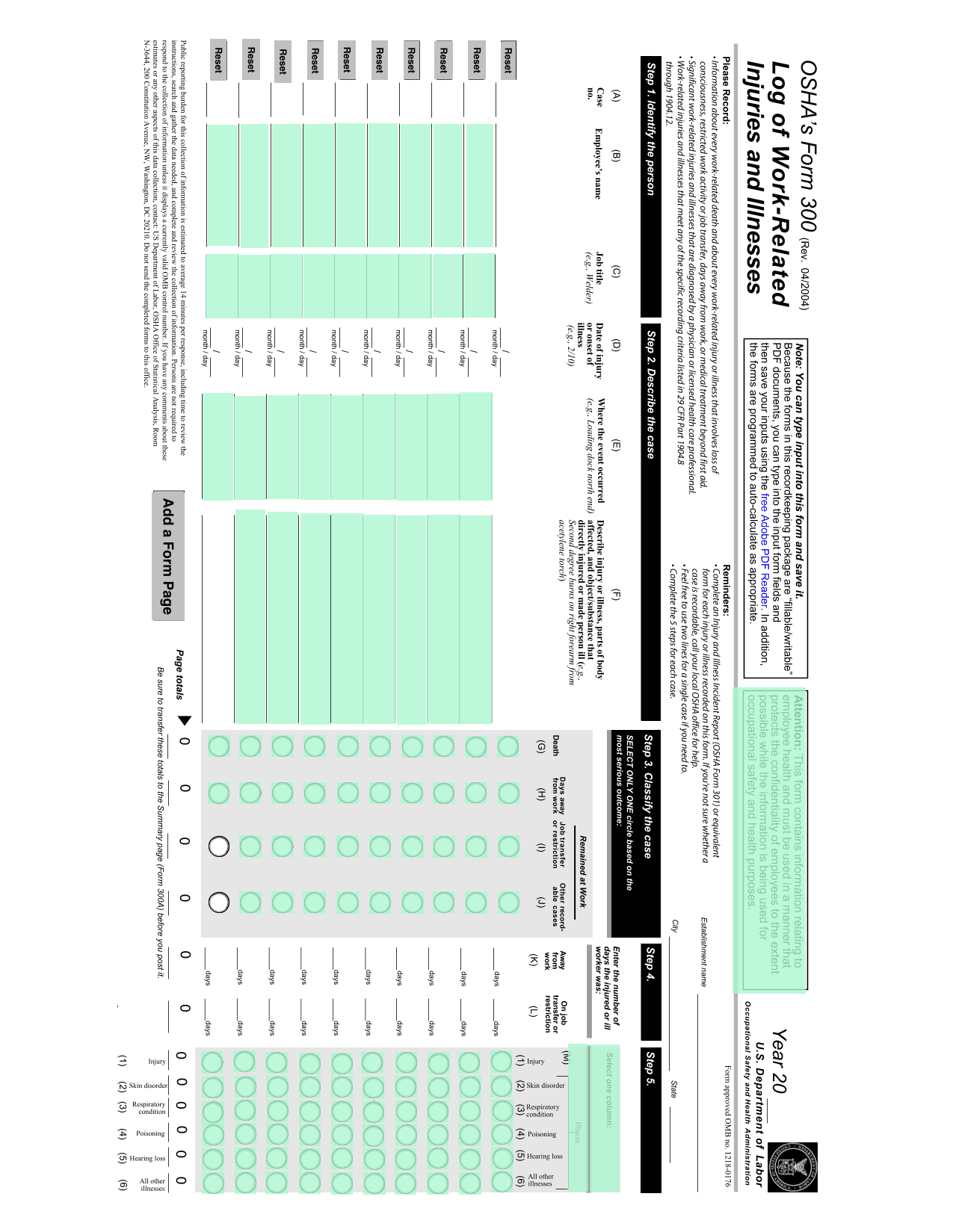 OSHA Log Of Work Related Injuries  Illnesses (Form 300) screenshot