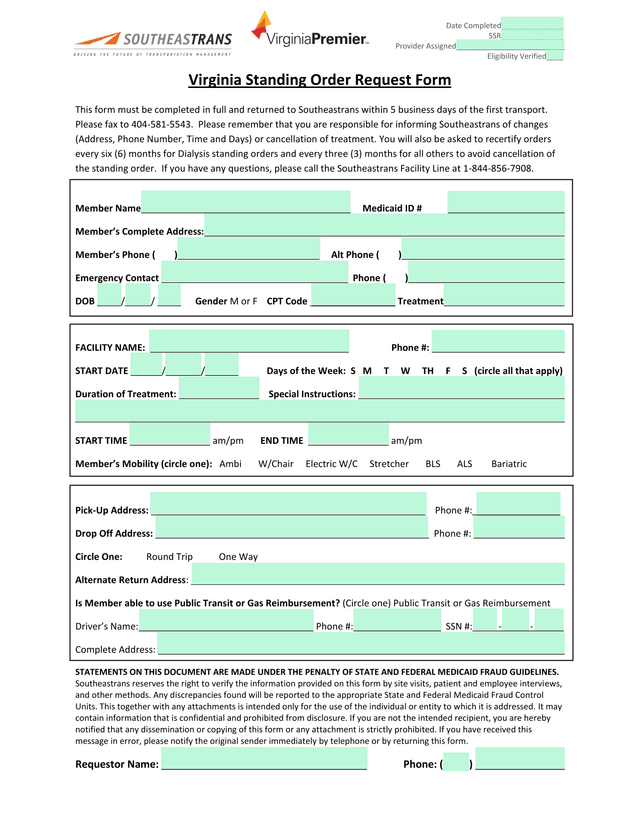 Virginia Standing Order Request Form screenshot