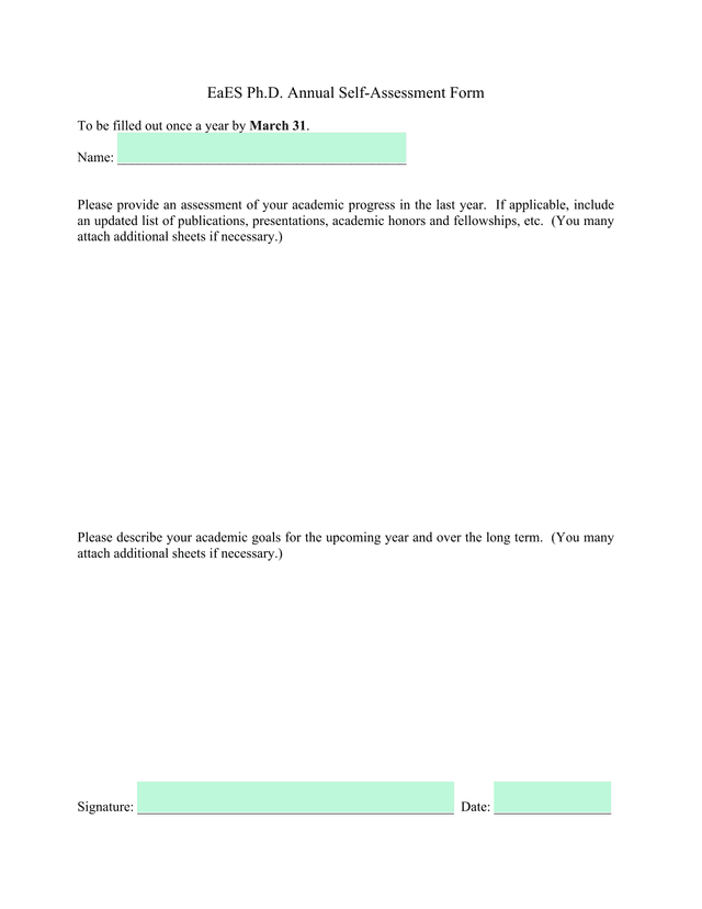 EaES Ph.D. Annual Self Assessment Form screenshot