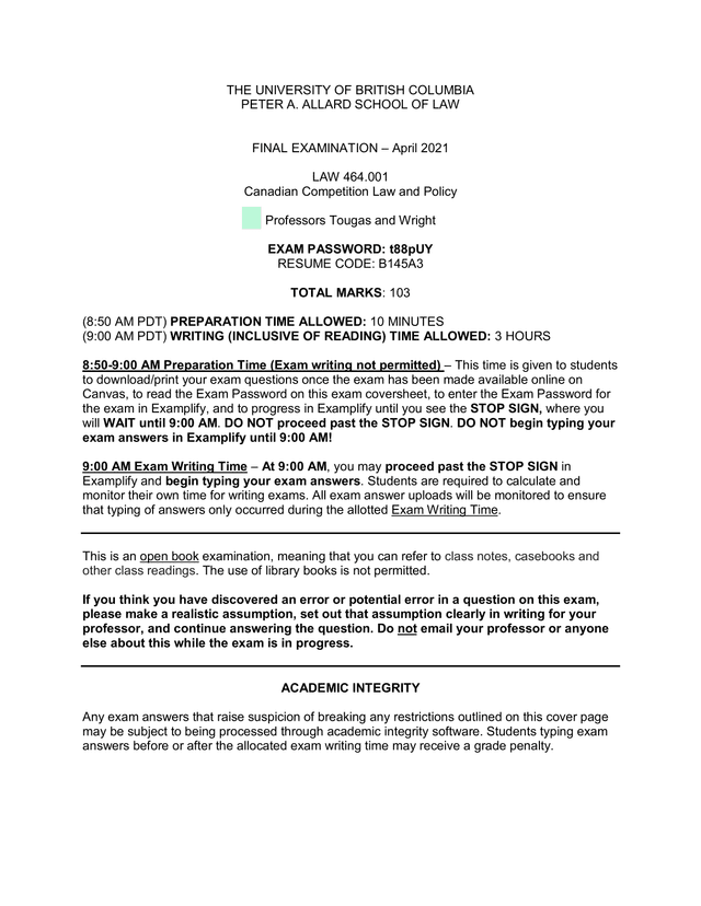 LAW 464.001 Canadian Competition Law And Policy Final Examination screenshot