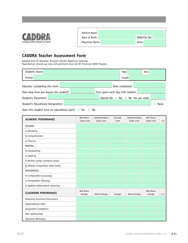 CADDRA Teacher Assessment Form screenshot