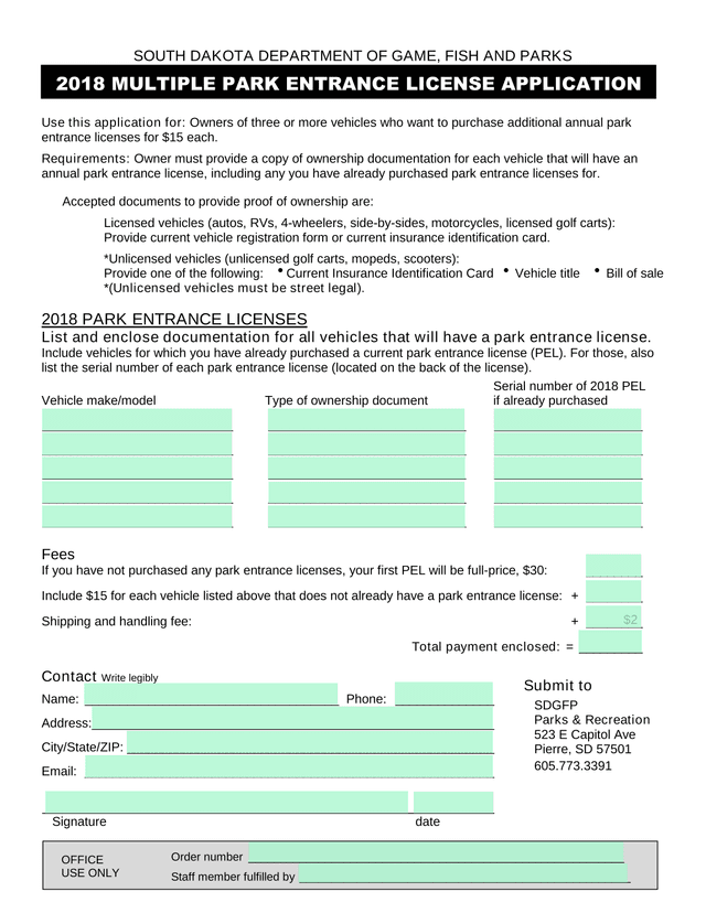 2018 MULTIPLE PARK ENTRANCE LICENSE APPLICATION screenshot