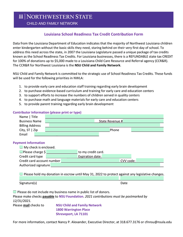 Louisiana School Readiness Tax Credit Contribution Form screenshot