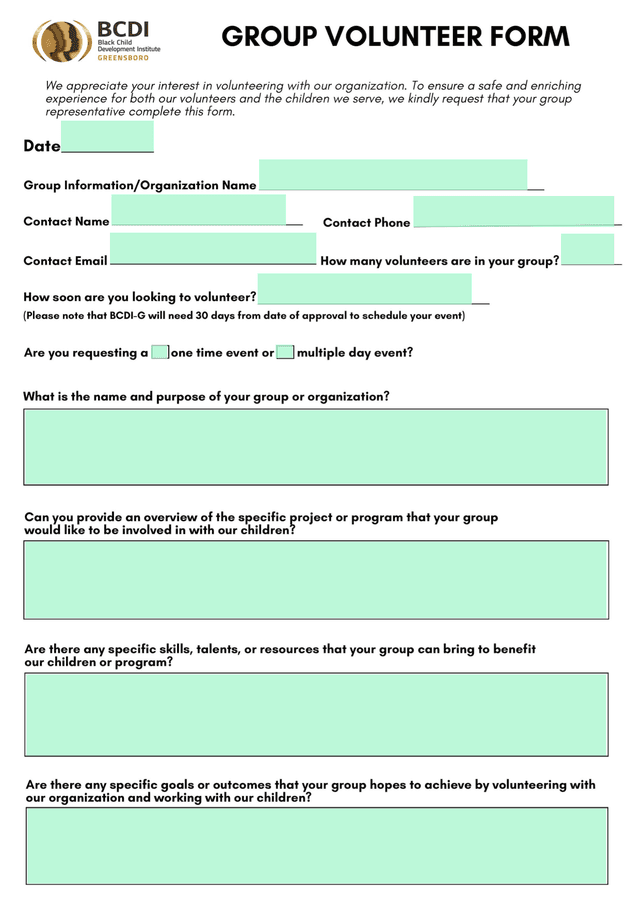 BCDI Group Volunteer Form screenshot