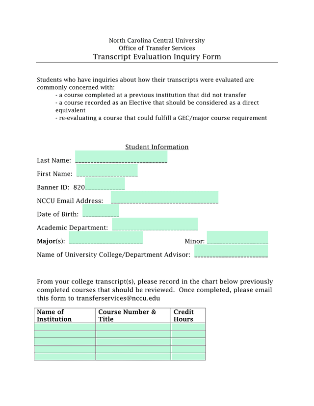 Transcript Evaluation Inquiry Form screenshot
