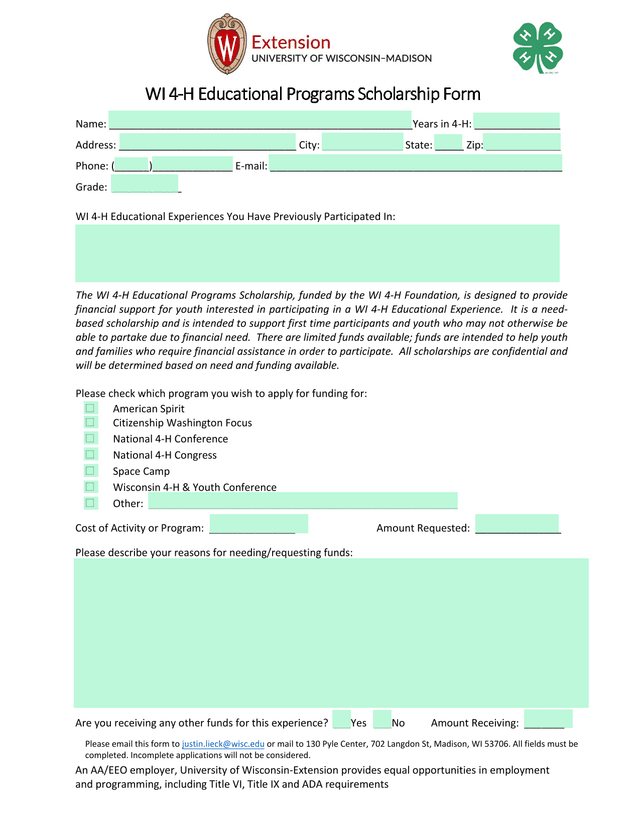 WI 4 H Educational Programs Scholarship Form screenshot