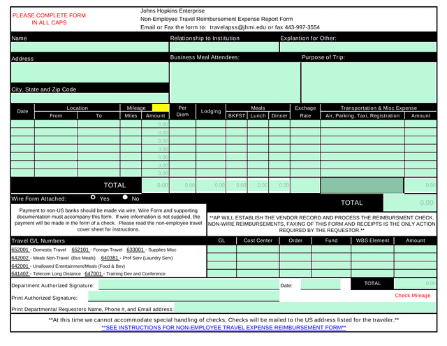 Non Employee Travel Reimbursement Expense Report Form screenshot