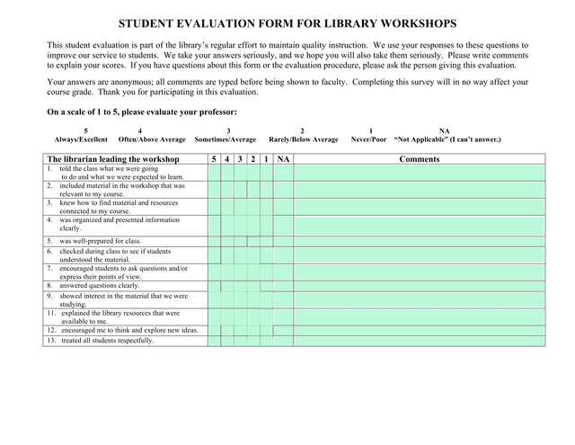 STUDENT EVALUATION FORM FOR LIBRARY WORKSHOPS screenshot