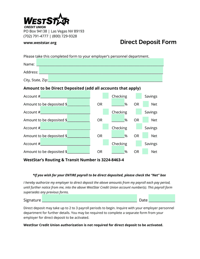 Direct Deposit Form screenshot