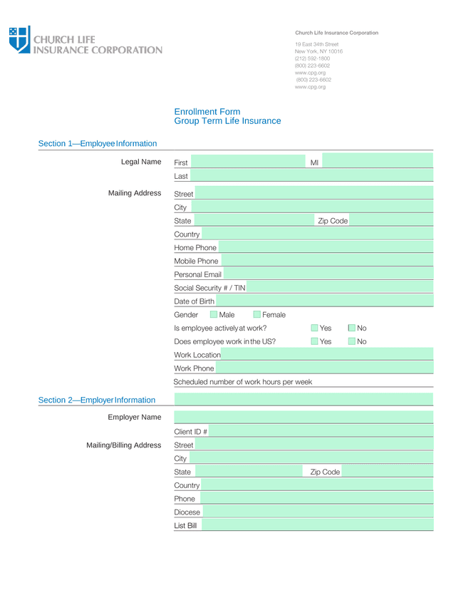 Group Term Life Insurance Enrollment Form screenshot
