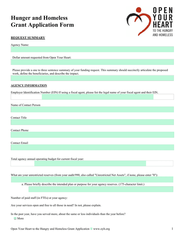 Hunger And Homeless Grant Application Form screenshot