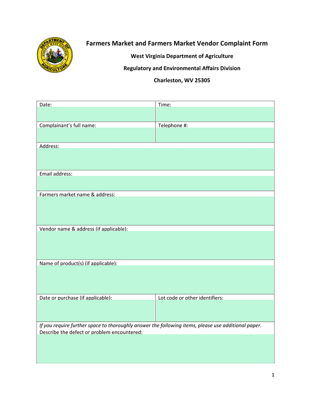 Farmers Market And Farmers Market Vendor Complaint Form screenshot