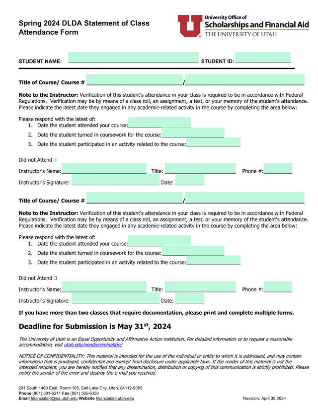 Spring 2024 DLDA Statement Of Class Attendance Form screenshot