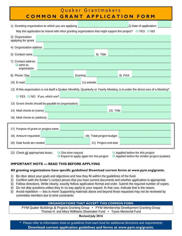 Quaker Grantmakers Common Grant Application Form screenshot