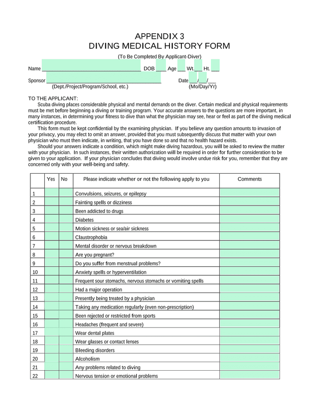 APPENDIX 3 DIVING MEDICAL HISTORY FORM screenshot