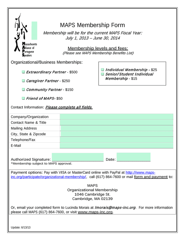 MAPS Membership Form screenshot