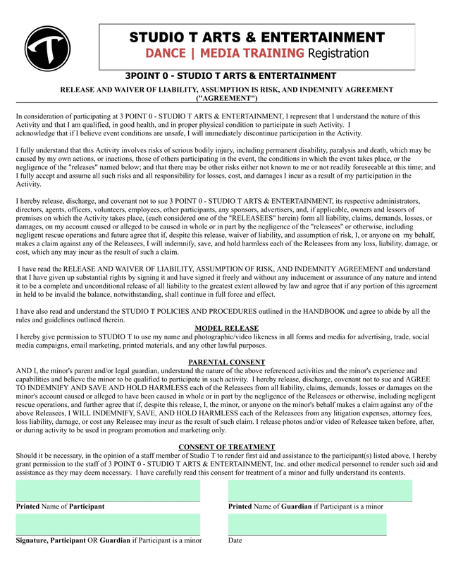 Release And Waiver Of Liability, Assumption Of Risk, And Indemnity Agreement screenshot